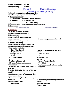 Giáo án Tiếng Anh Lớp 6 - Tiết 2 đến 47 - Năm học 2015-2016